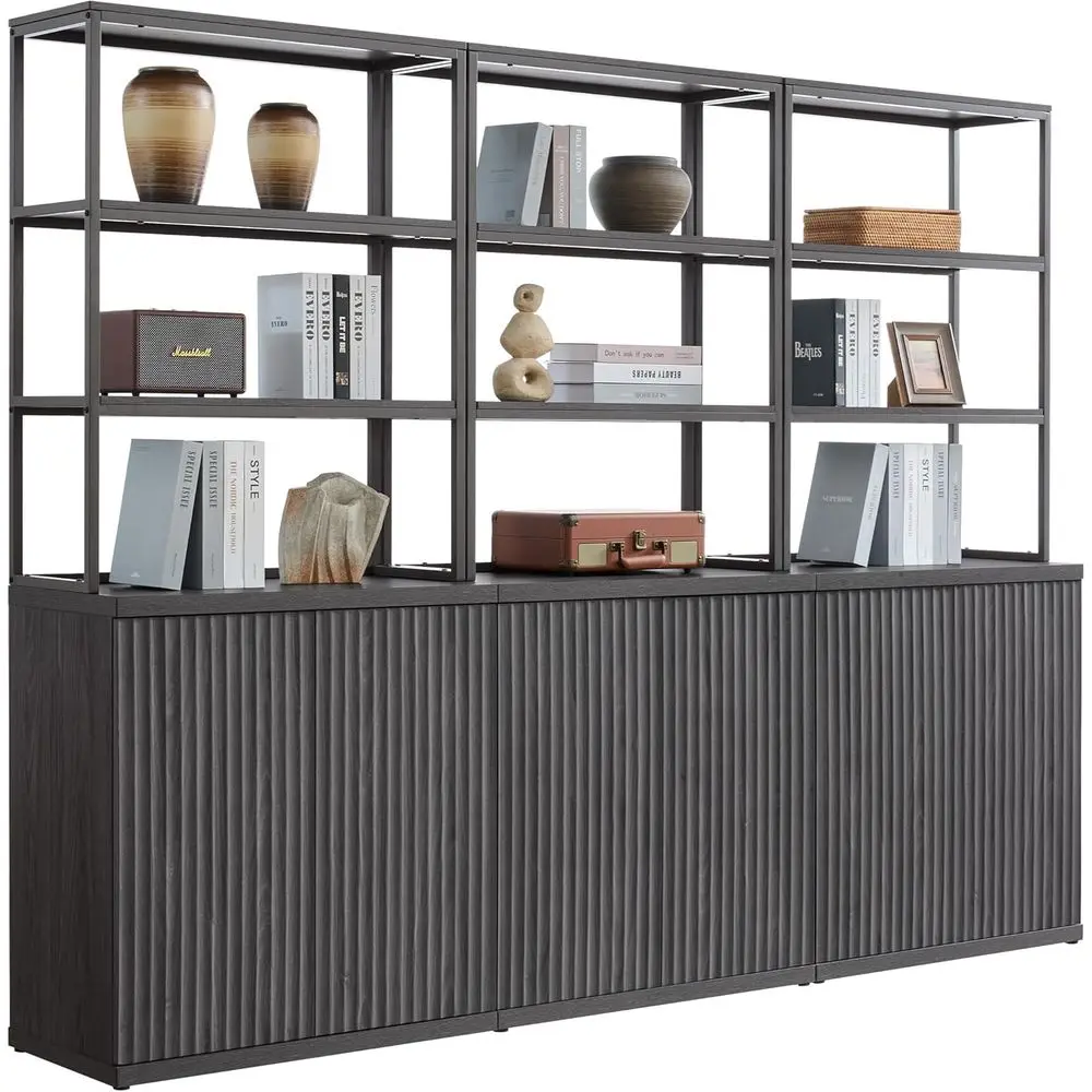 

6-Tier Tall Metal Bookshelf with Bottom Cabinet, 75 High Storage Unit for Living Room, Home Office, Kitchen (3 Pieces Set)
