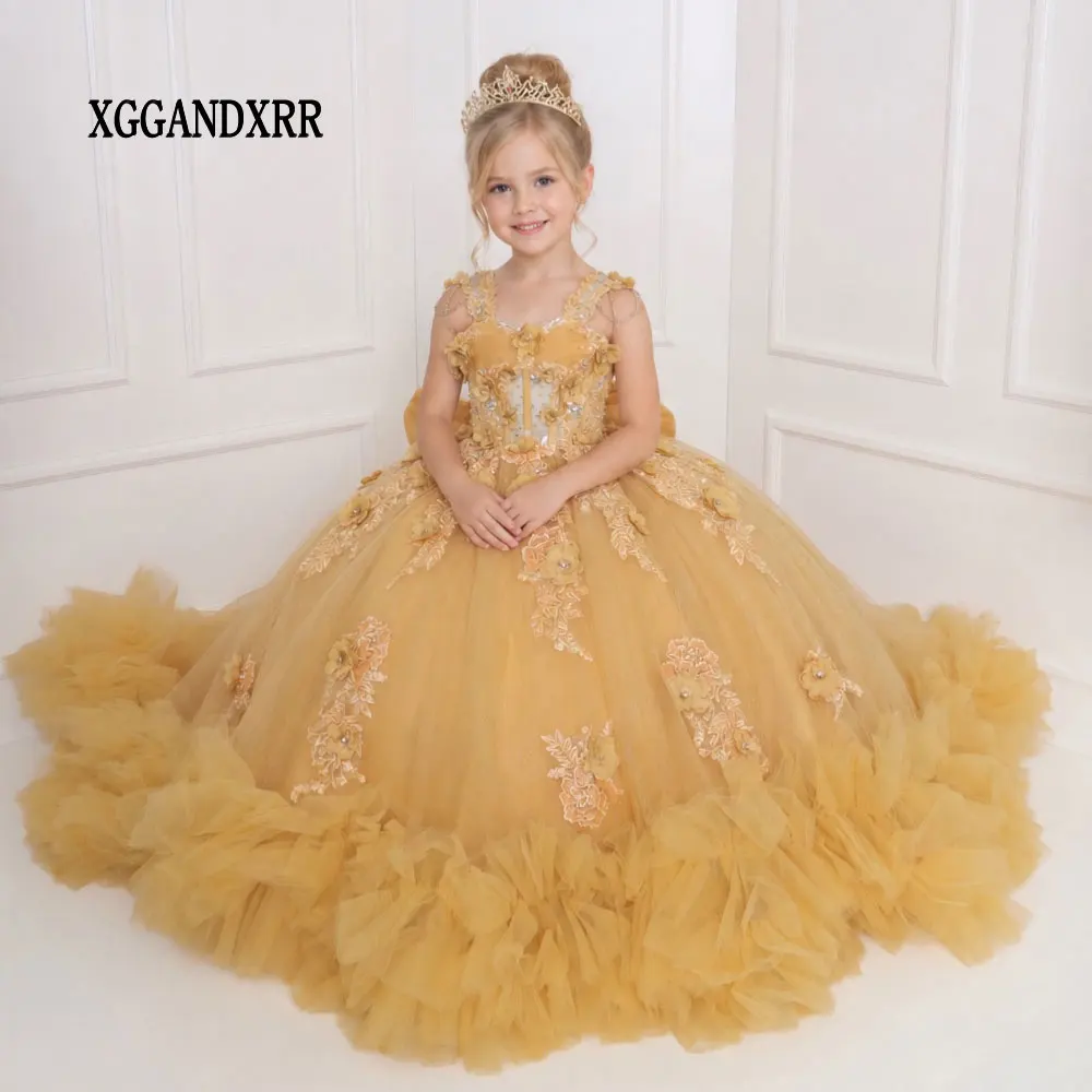 Real Gold Yellow Flower Girl Dress 2026 Wedding Party Gown Mini Princess Quinceanera Birthday Party Formal Daughter Sister Dress