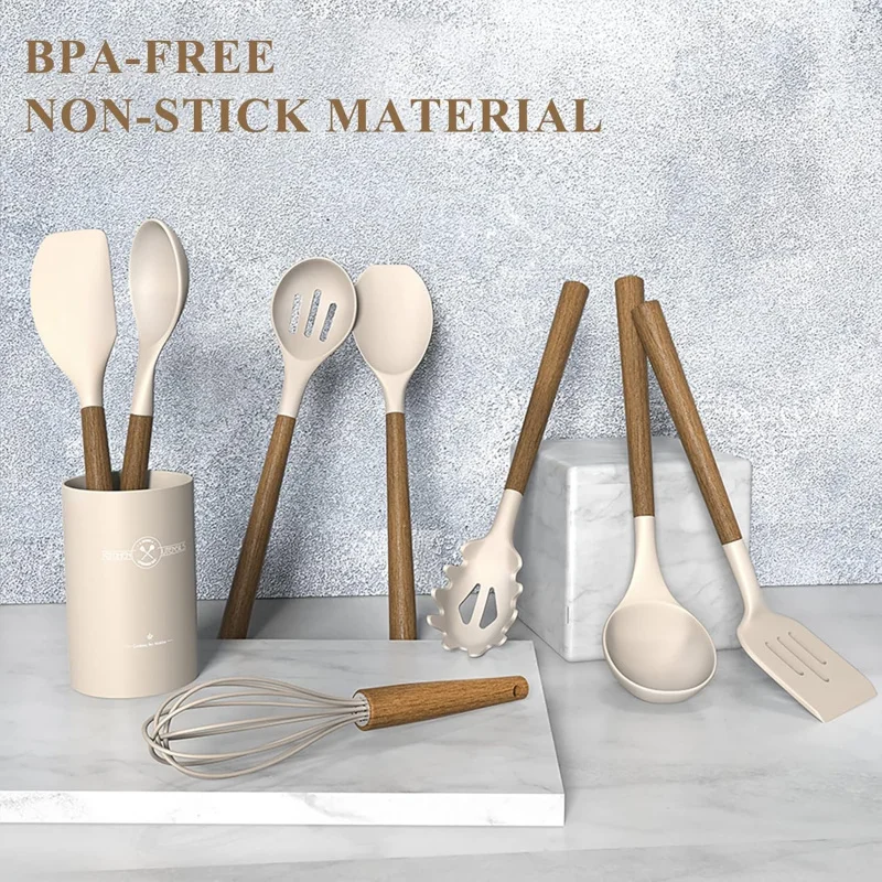 Silicone Kitchen Cooking Utensil Set, 9Pcs Kitchen Utensils Spatula Set with Wooden Handle Nonstick Cookware, 446 °F Heat Re