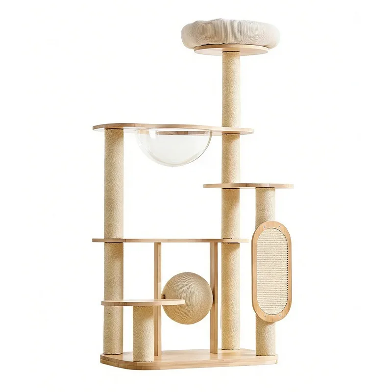 Solid Wood All-in-one Cat Tree with Cat Bed, Jump Platform and Space Capsule, Space-saving Sisal Scratching Post for Large Cats