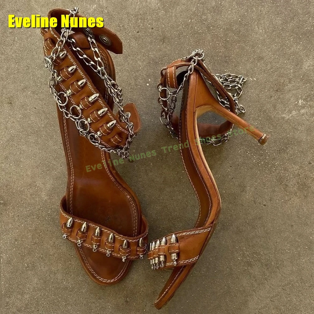 Metal Bullet Cowgirl Retro Sandals Open Toe Stiletto Ankle Strap Brown Women Fashion Shoes Ladies Elegant Novelty Sandals 2025