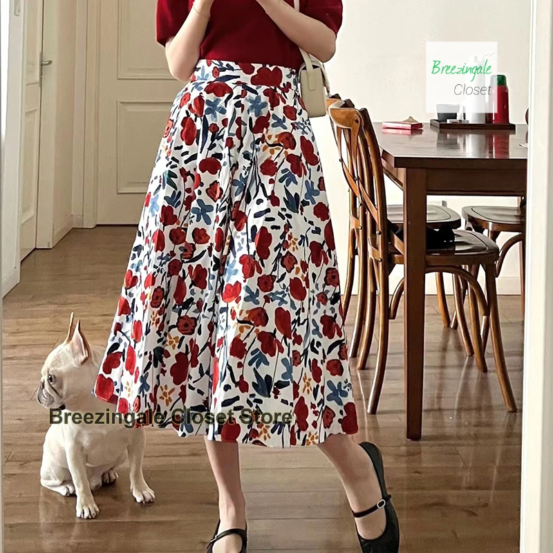 French retro high sense oil painting red floral skirt female summer high waist A word overskirt design sense niche long skirt.