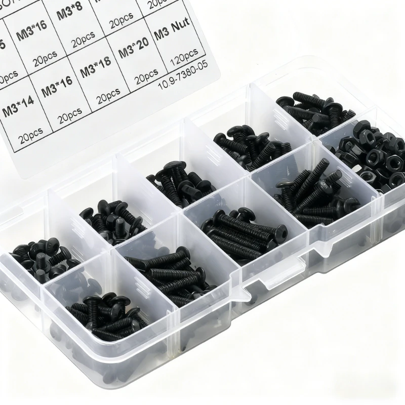 

300Pc M3 screw set black carbon steel Allen Hexagon Hex Socket cap Button pan Head Screw Bolt Nut Kit M3*5/6/8/10/12/14/16/18/20