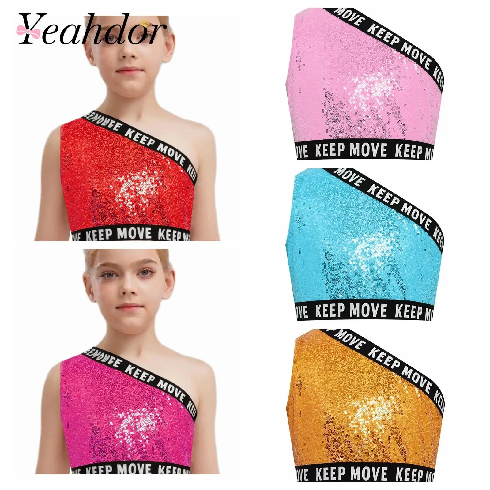 

Fashion Sequins Tops for Girls Jazz Dance Costume One Shoulder Tank Top Sleeveless Cutout Back Letter Print Shiny Cropped Vest