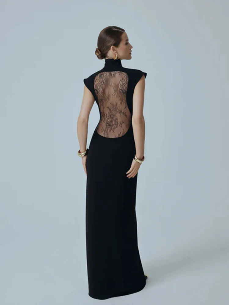 Vestidos lisos para mujer, moda Sexy, ropa de calle, manga corta, cuello alto, Vestidos largos transparentes calados, batas femeninas de ajuste elegante