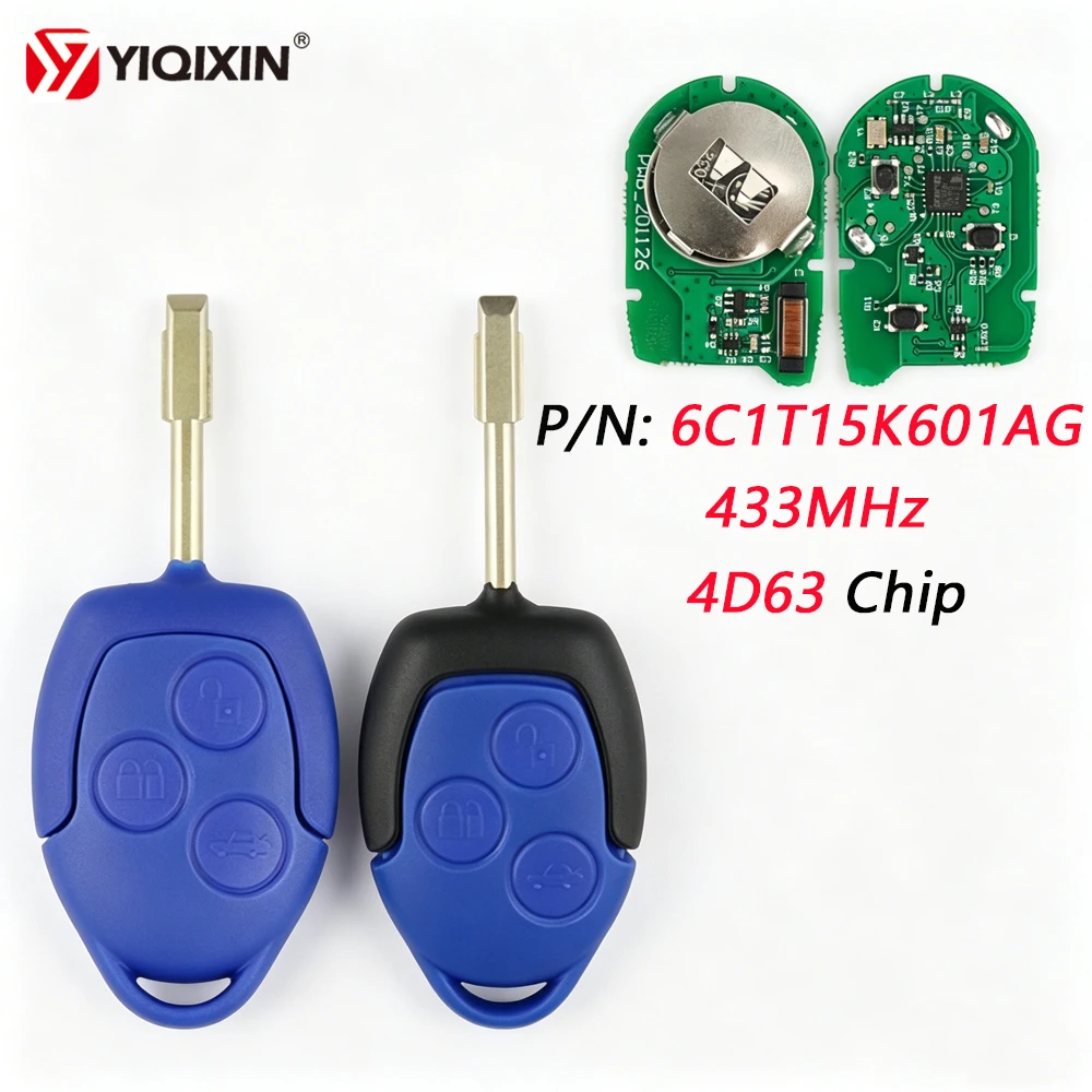 

YIQIXIN Remote Car Key For Ford Transit WM VM 2006-2014 6CIT15K601 6C1T15K601AG 4D63 Chip 433MHz 3 Button Uncut Blade No Logo