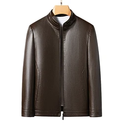 YN-2263 Autumn And Spring Men's Stand Collar Jacket Natural Leather Thin Section Plus Velvet Fashion Jacket Motorcycle Youth