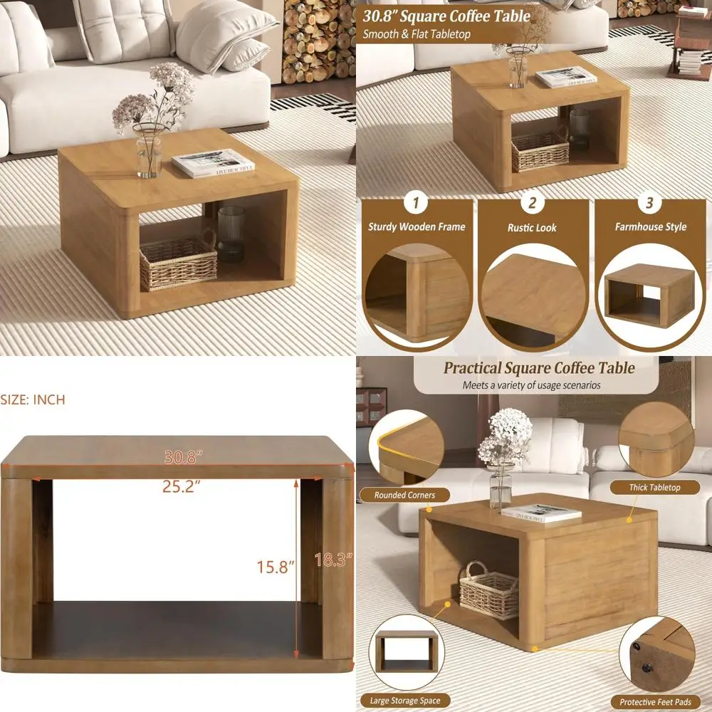 

Modern Square Coffee Table with Open Storage, Rustic Wood Center Table for Living and Reception Rooms