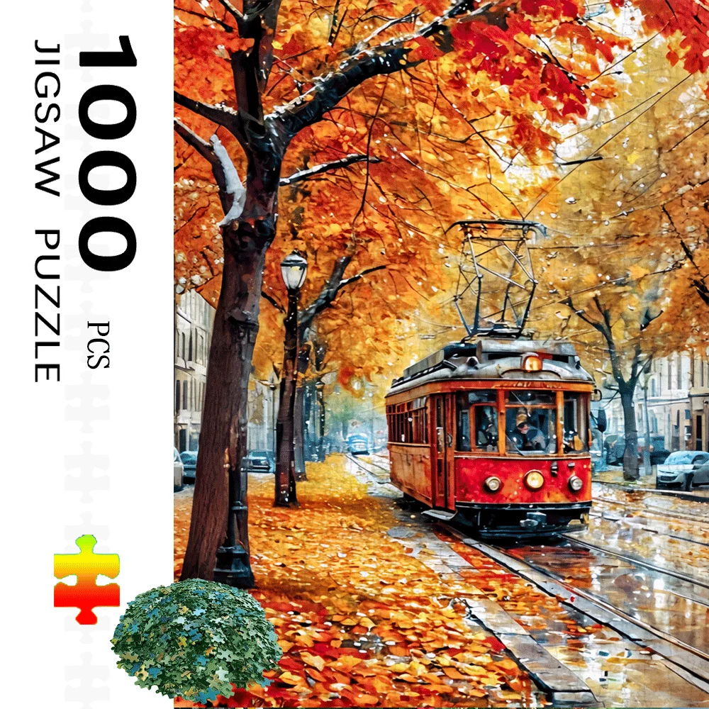 Puzzle vintage da 1000 pezzi Tram e scena di strada autunnale adatto per adulti, grande gioco per famiglie notturno, rompicapo, casa fai da te