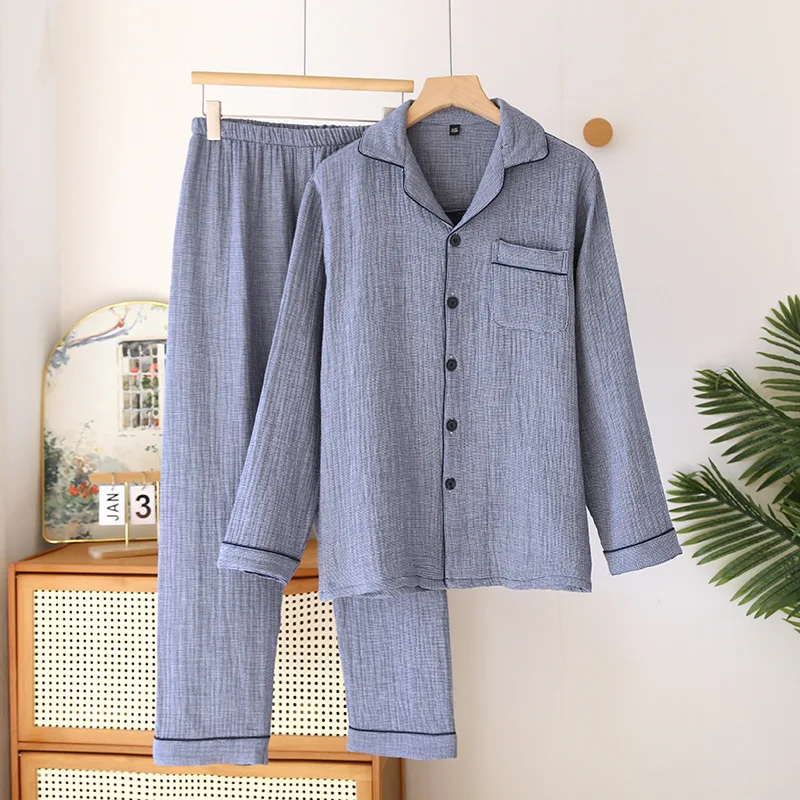 

Four layers gauze wrinkly cotton Couple pure color pajamas sets women men Thickened sleepwear long-sleeve pijama feminino