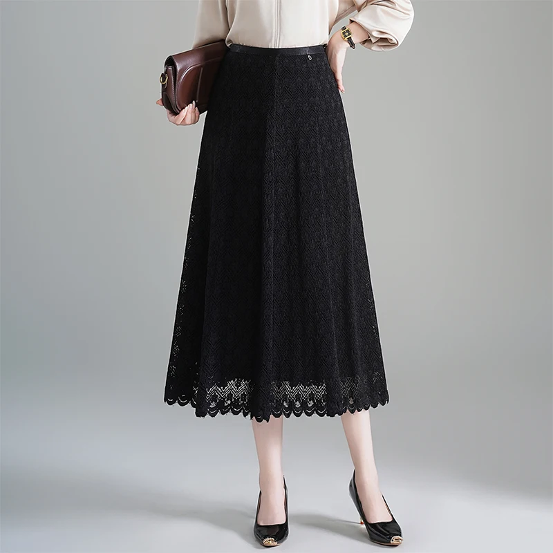

High Waist A-Line Skirt Women's Lace Midi Skirt Slimming Belly Covering Bla Flared Skirt French Sle Commute Wear