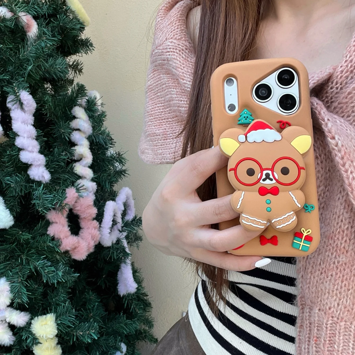 

Telescoping Bracket For iPhone 17Pro 12 13 14 15 16 Promax 3D Cute Cartoon Christmas Bear, Soft Silicone Phone Case Back Cover