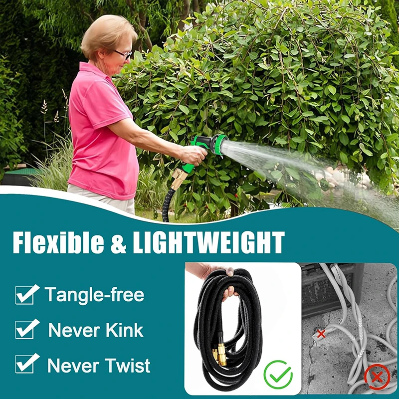 Expandable Garden Hose, Flexible Water Hose, Portable Patio Hose with Solid Brass Fittings and Double Latex