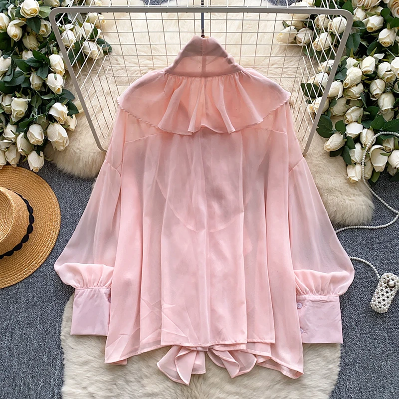 French Elegant Ruffled Long Sleeved Chiffon Shirt for Women Spring Autumn New Fashionable Plus Size Bow Collar Blouse Top T107