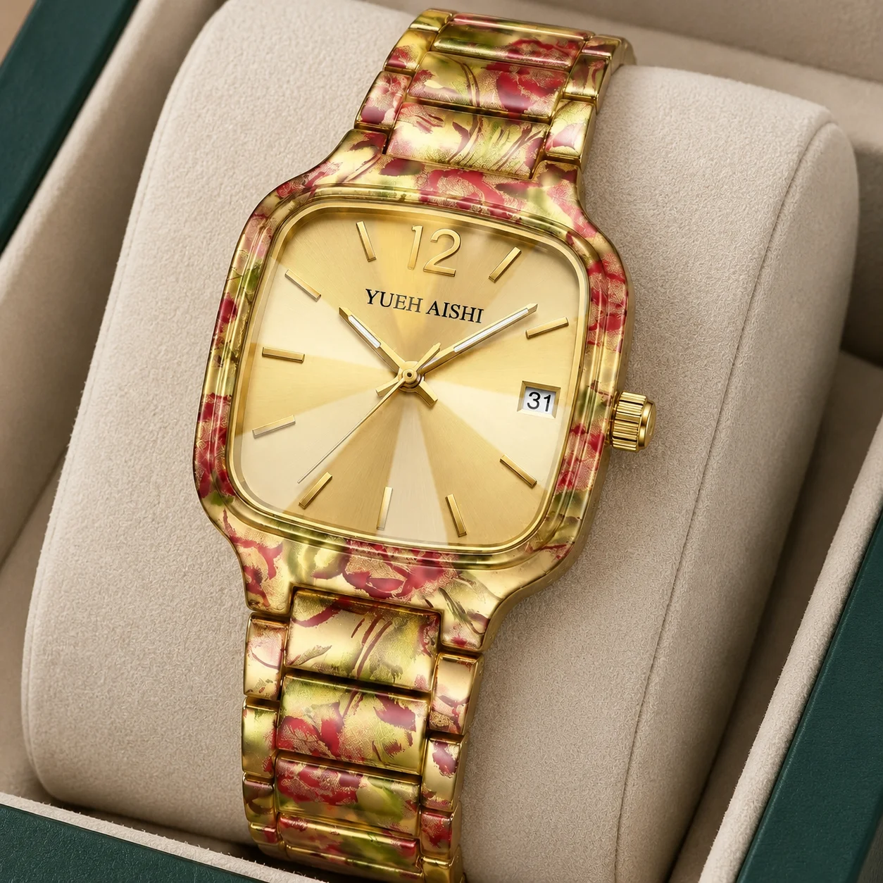 Womens Square Leopard Print Calendar Watch Multi Section Spliced Strap Trendy Individual Style