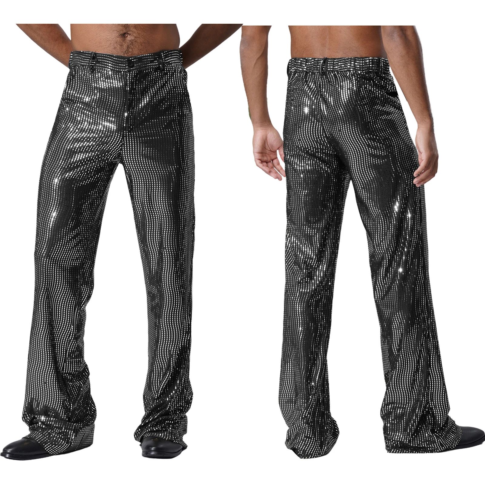 Mens Glitter Trousers Disco Dance Pants Flared Full Sequin Coverage with Side Pockets Club Wear 70s Revival Party Night Outfit