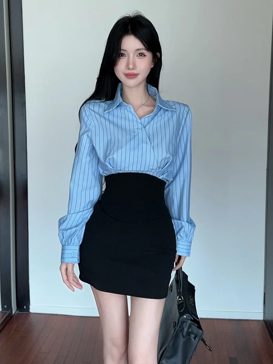 

Pure Desire Ретро полосатый костюм V-Ne Long Sve irt с высокой талией и волокном, юбка, повседневный комплект из двух предметов, женская мода