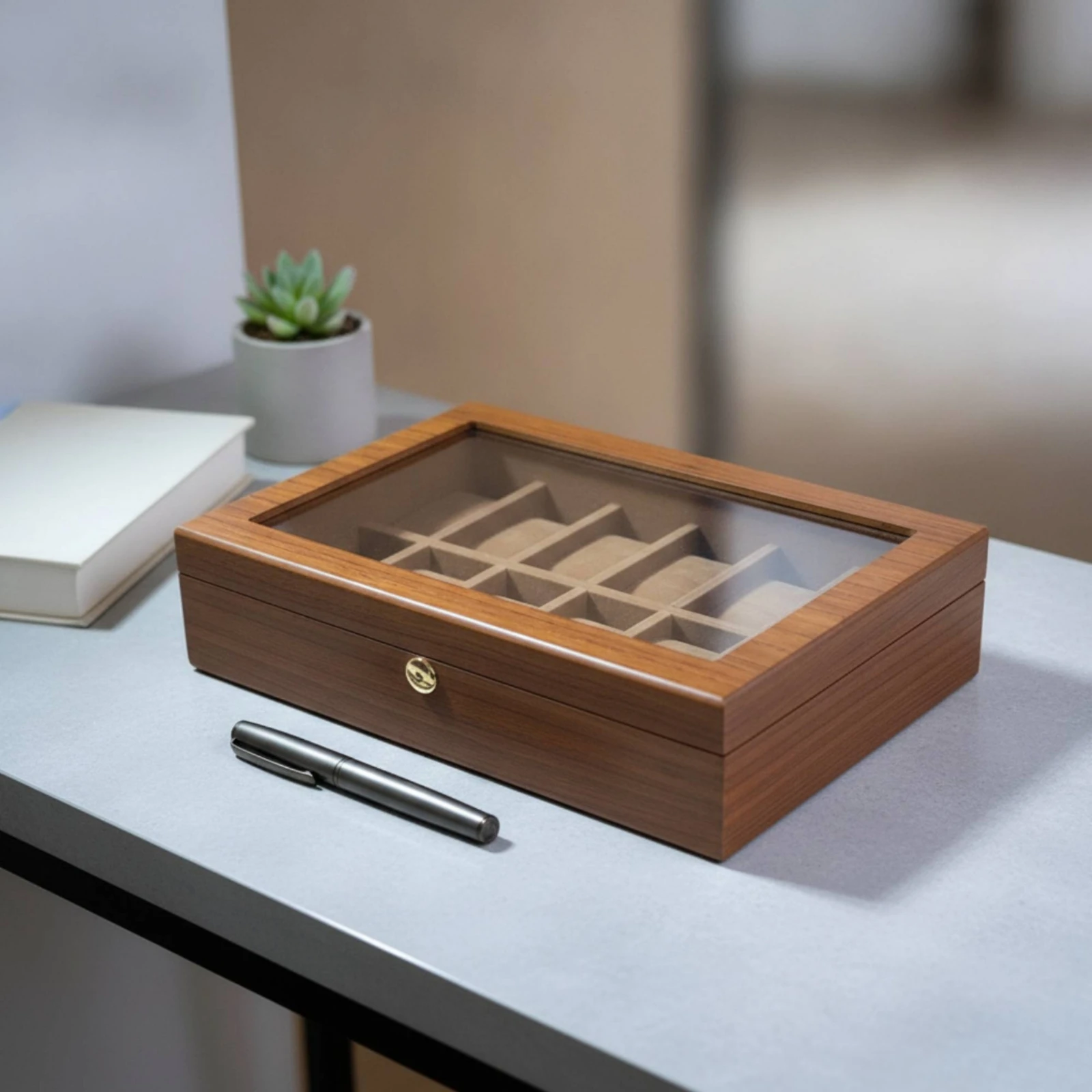Watch Storage Box with Glass Window Solid Wood Watch Display Case with Glass Lid Classic Rectangular for Men, Dresser