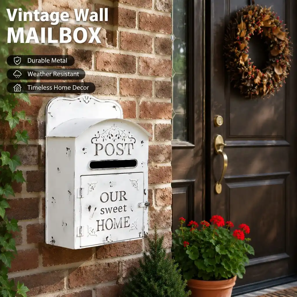 Outdoor Wall-Mount Iron Mailbox – Decorative 18.7-Inch Art Letter Box for Garden, Patio & Exterior Home Use