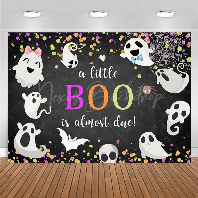 Neutral Halloween Baby Shower Backdrop, 'A Little Boo is Almost Due' Decorations, Photo Backdrops for Party Photoshoot