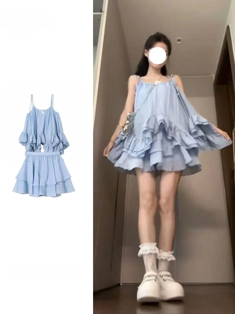 

Beach Vacation Style Blue Asymmetrical Vest Strap Women's Summer Cake Skirt Half Skirt Two Piece Set for plus Size Sister