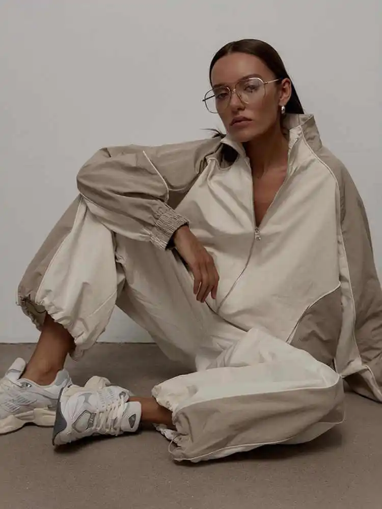 

European And American Sports Jacket Set For Women'S Autumn And Winter Splicing Loose Jacket Paired With Pants Two-Piece Set