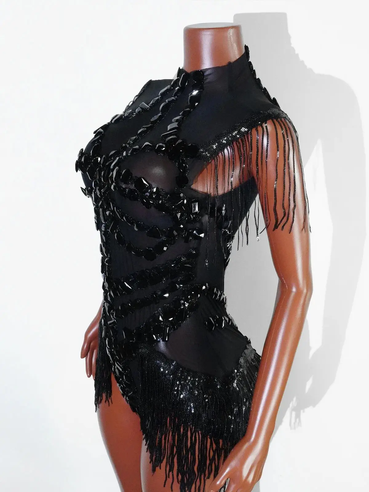 Zwarte pailletten franjes turnpakje mesh doorzichtige party bodysuit dames glittersteentjes nachtclub prom gogo dans podiumoutfits - afbeelding 2