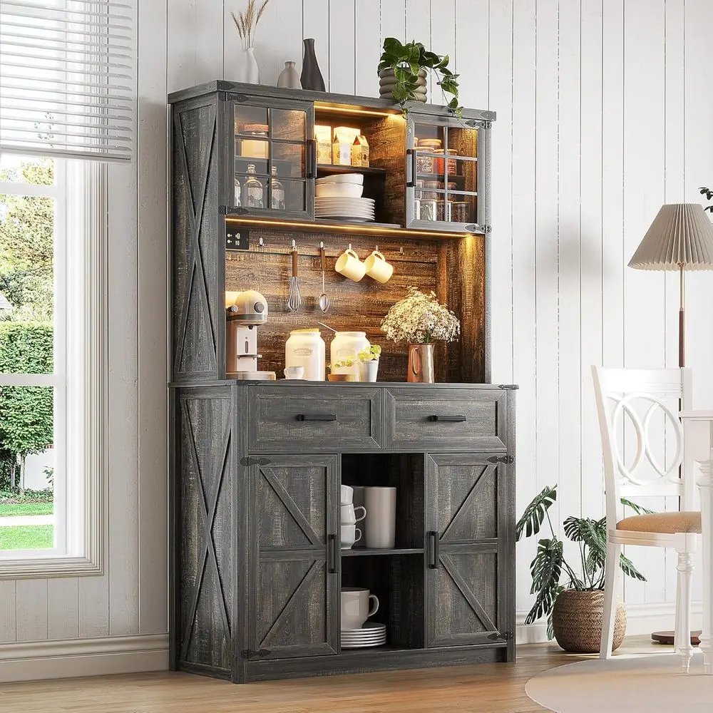 

Rustic Oak Liquor Bar Cabinet with Power Outlets, Barn Door, and LED Lights for Dining Room