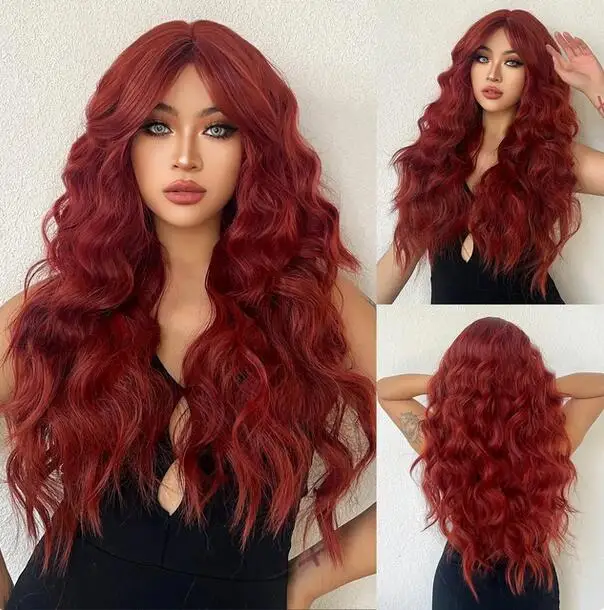 

Red Brown Long Curly Wavy Synthetic Wig with Bangs Natural Hair Cosplay Party Daily Use Wigs for Women Heat Resistant Fibre