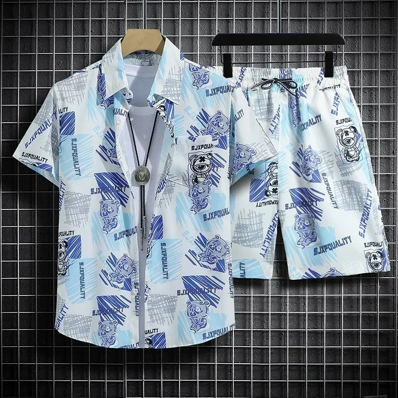 Hawaiian Beach Shirt Ensemble Men\'s Baggy Short-Sleeved Combo for Hainan Travel Vacation Cartoon Half-Sleeved Floral Shirt Tops