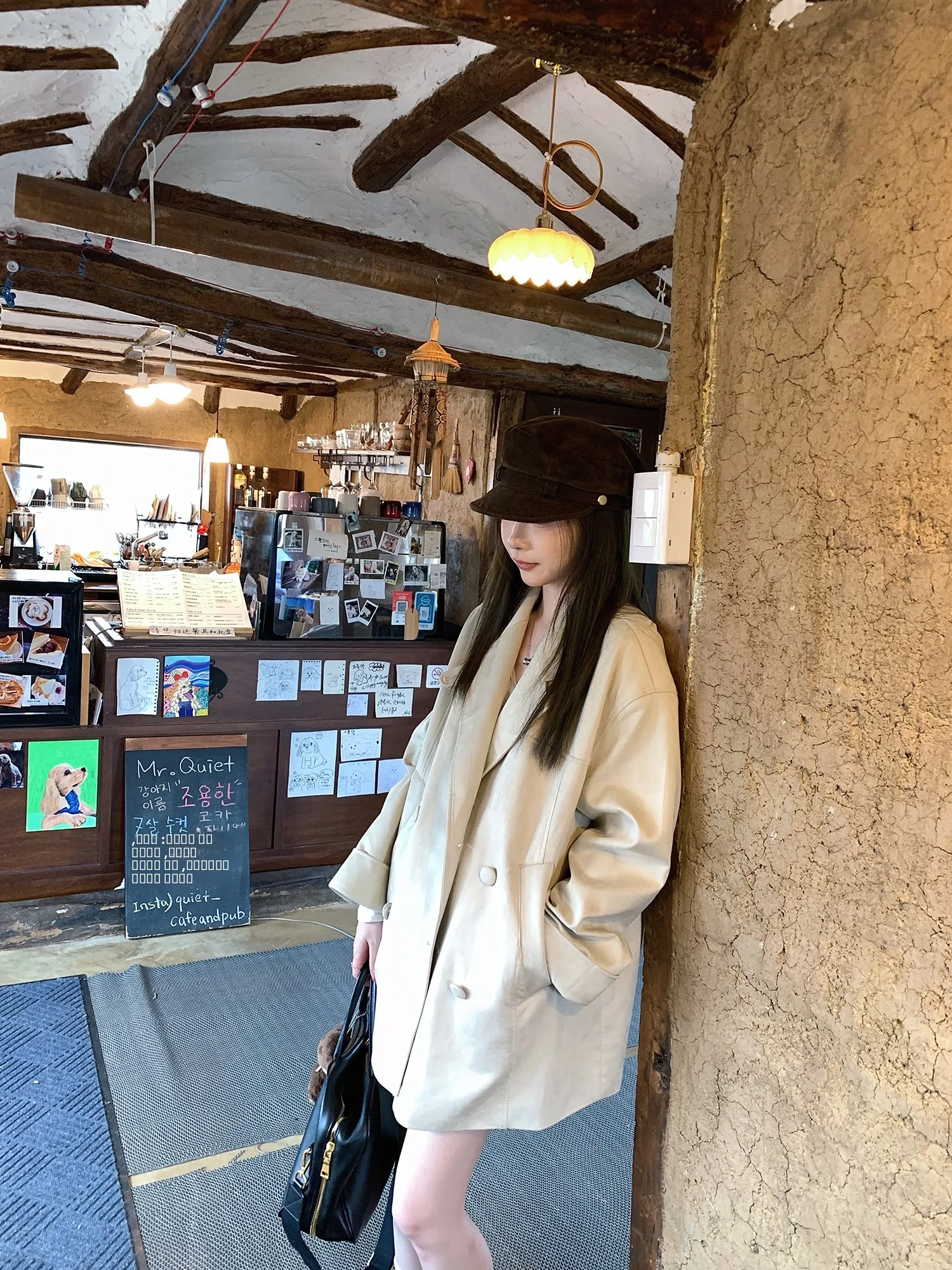 

Korean Sle Suede Jaet Double Row Buttons Lapel Long Sve Slimming Loose Fit Mid-Length Outerwear for Women