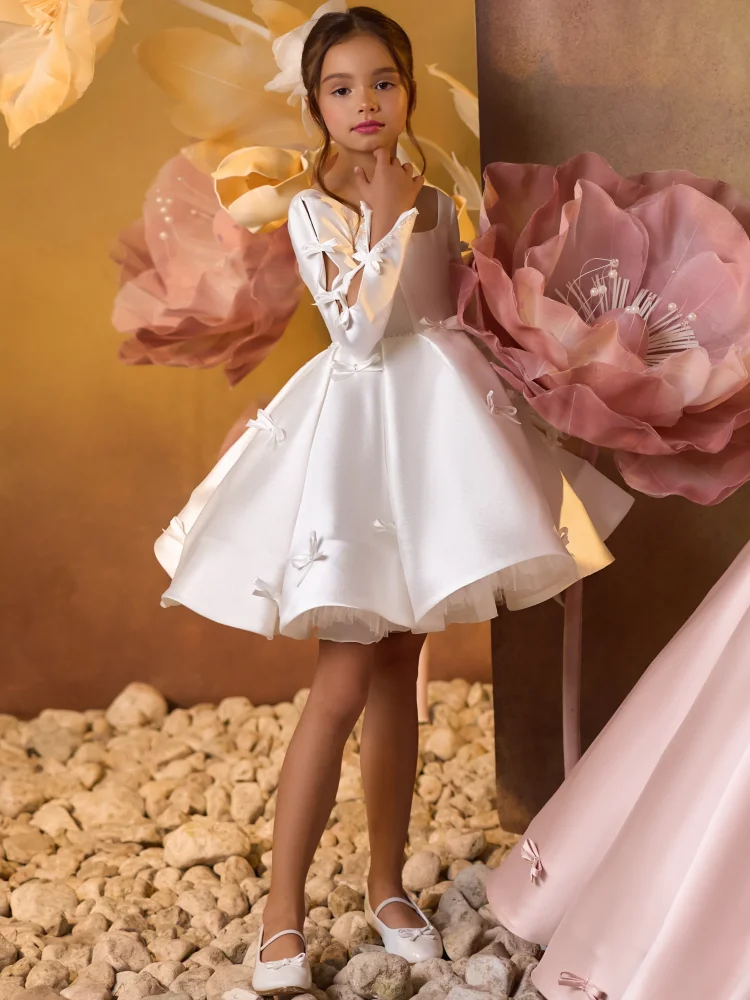 White Baby Girl Dress Bow Puffy Dresses For Girls Scoop Collar Bow Communion Dress Knee Length Flower Girl Dresses Kids Dresses