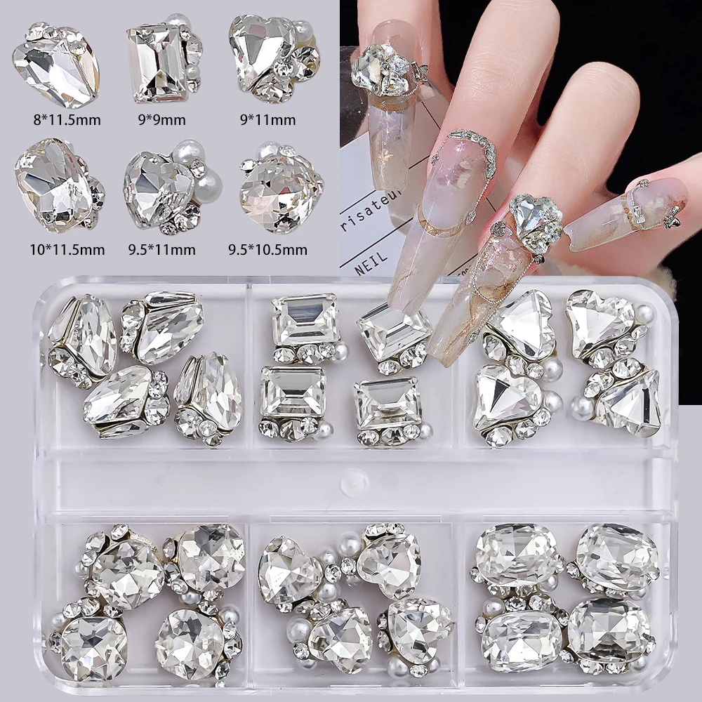 24Pcs Luxury Ice-Transparent Pile Nail Art Rhinestone Super-Shinying Heart/Square/Oval Clear Nail Crystal DIY Alloy Pile Drill