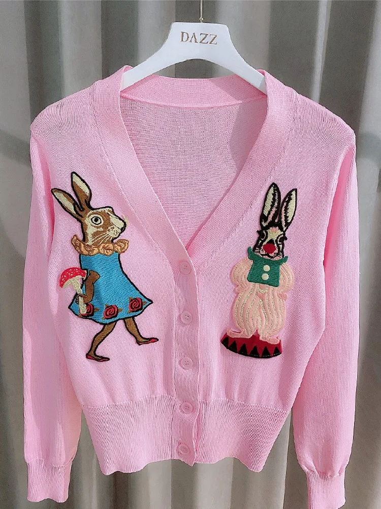 Cartoon Rabbit Embroidery Knitted Women\'s Sweater Cardigan Long Sleeve V-neck Tops Elegant Chic Fashion Ladies Jumpers Knitwear