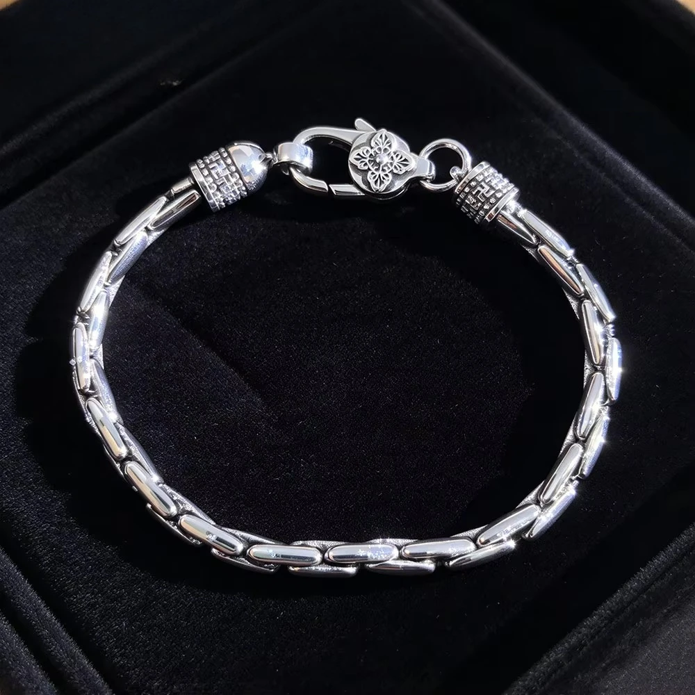 Stylish 925 Silver 4MM Snake Bone Bamboo Joint Bracelet, Unisex Couple Personalized Daily Wear Silver Jewelry