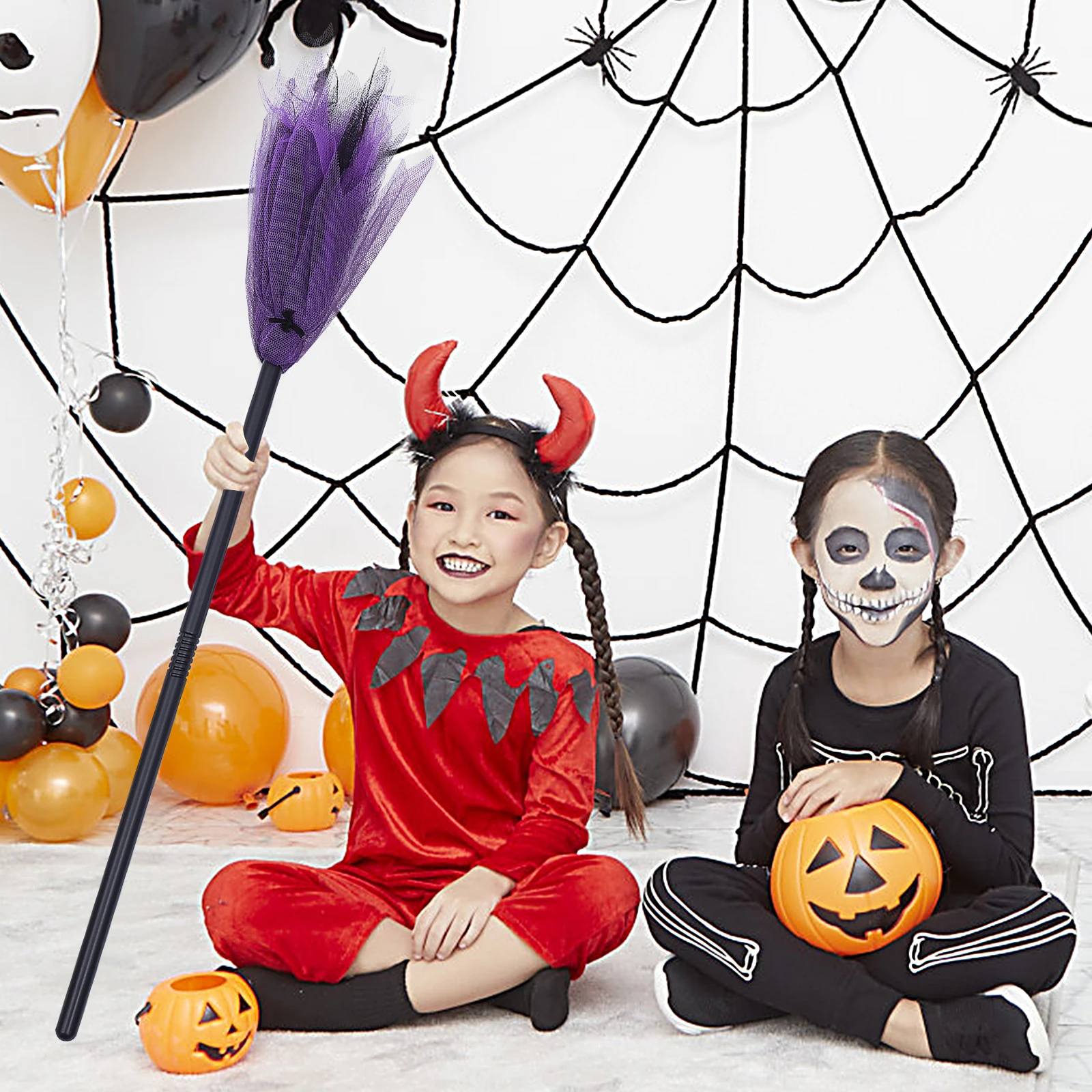 

2pcs Halloween Witch Broom Plastic Mesh Decorative Prop For Party Haunted House Stage Gift Besom Ornament