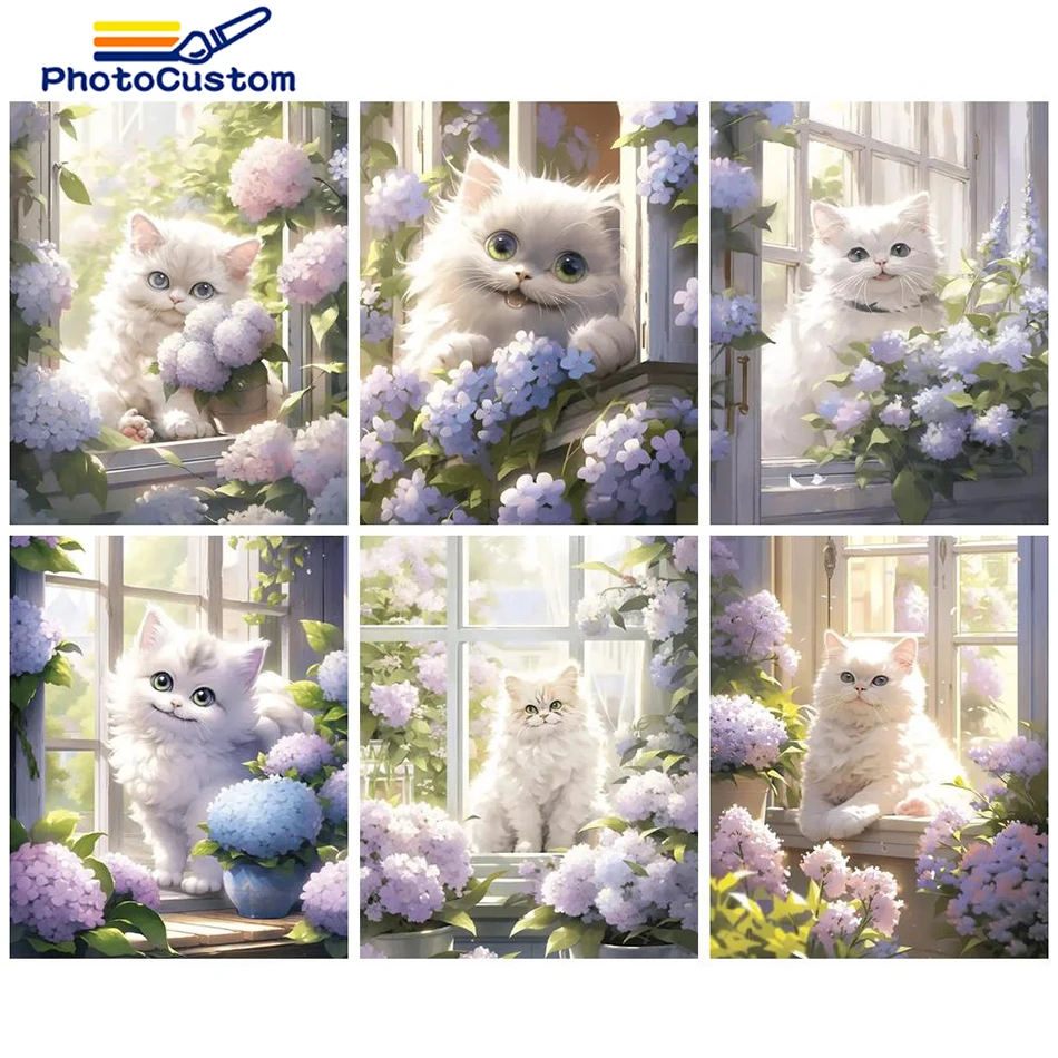 

PhotoCustom Painting By Numbers Cute Cat On Canvas Adults DIY Kits Animal Drawing Oil Pictures Of Coloring By Number Decor New