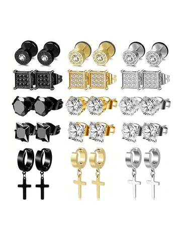 5 Pairs Stainless Steel Earrings Cross Dangle Hinged Earrings, Cubic Zirconia Stud Earrings For Men, Ear Piercing Jewelry