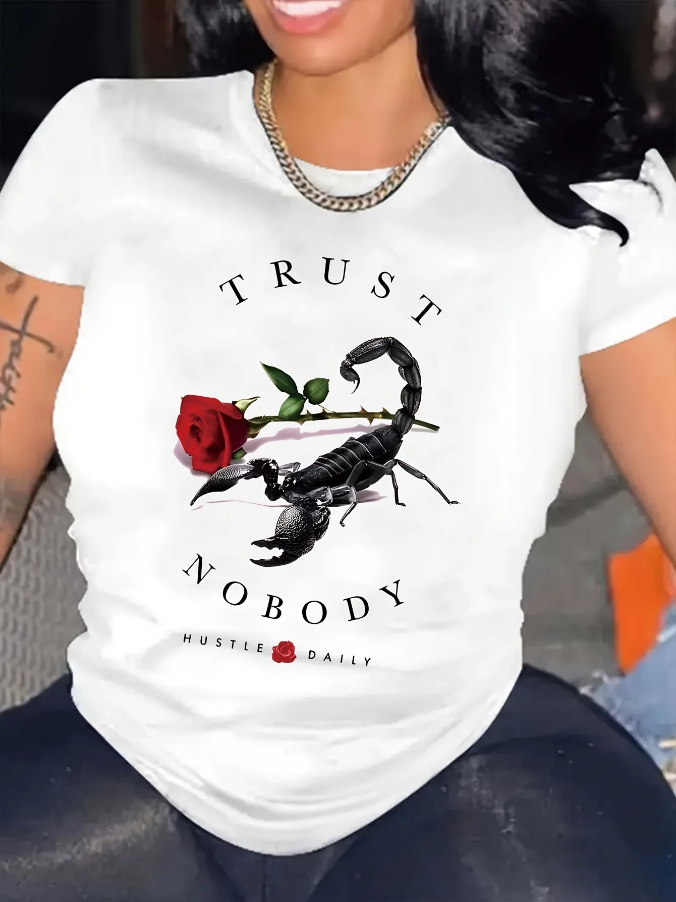 Scorpion Rose Graphic Print T-Shirt Polyester Blend Casual Crew Neck, Knit Fabric, Regular Length, with Trust Nobody Lettering