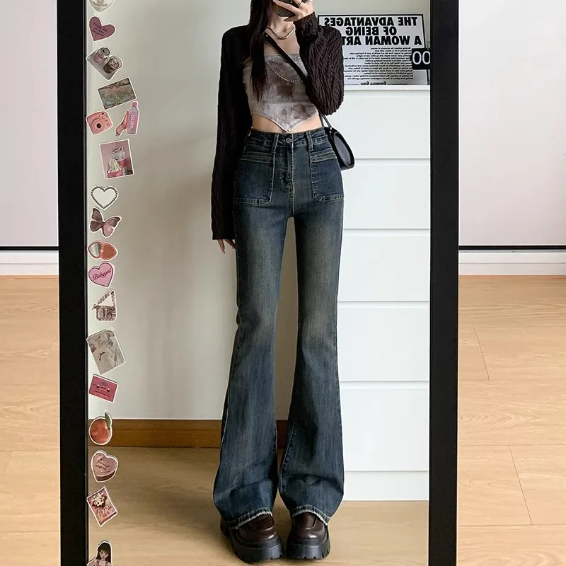 

Узкие расклешенные джинсы с высокой талией, женские цементно-серые длинные брюки в стиле ретро, брюки длиной до пола для женщин больших размеров