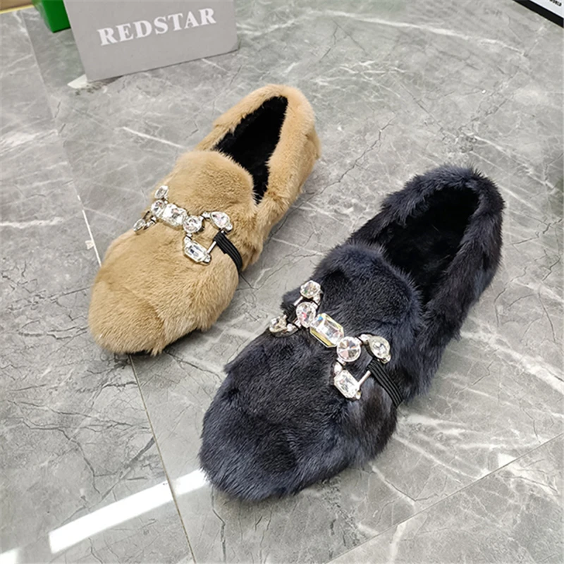 Green Women Winter Warm Flats Real Mink Fur Slip-on Loafers Casual Espadrilles Female Walking Shoes Crystal Platform Moccasins