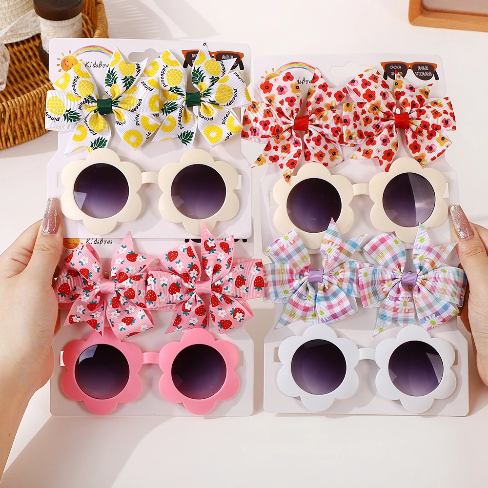 3Pcs/set Kids Cute Solid Dot Hairpin Colorful Heart Sun Glasses Set Girls Boutique Bowknot Hair Clips Children Hair Accessories