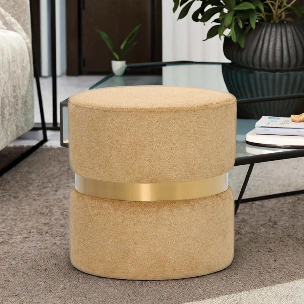 Modern Design Velvet Ottoman Pouf Stool with Golden Decoration Eco-Friendly Fabric Footstool for Living Room Customizable Color