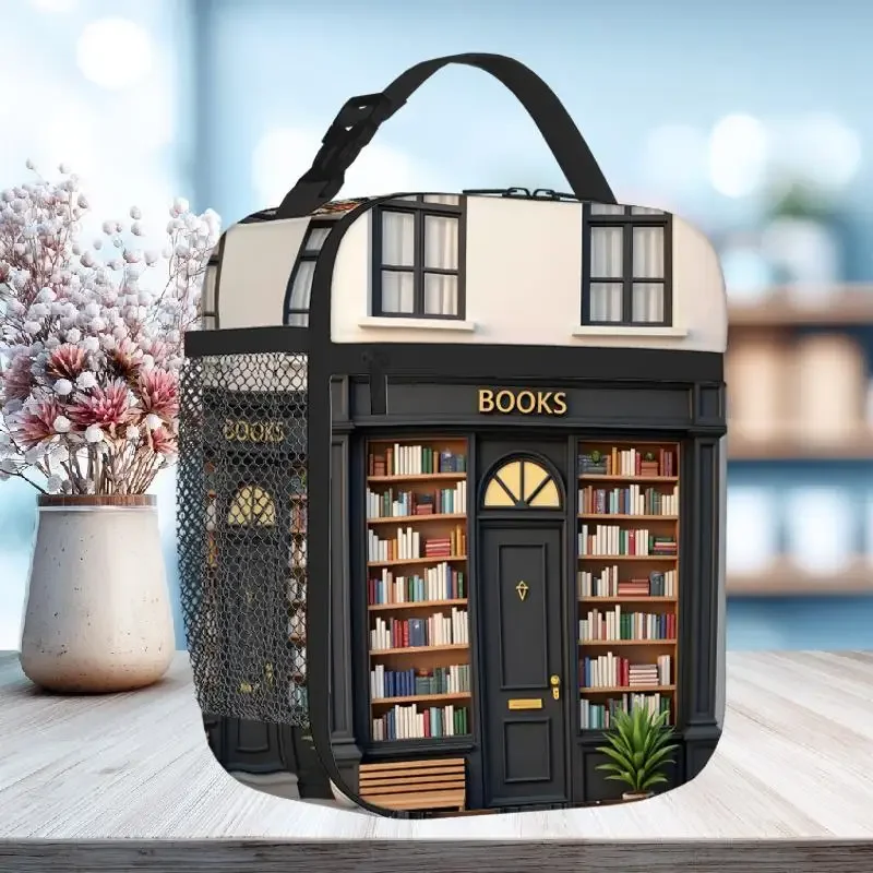 1pc, Bookstore Entrance with Shelves and Bench Printed Thermal Bag Insulation Bag Insulated Bag, No Food Contact, Suitable for H