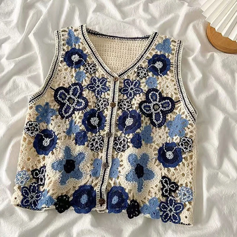 Women Vintage Hollow Crochet Knit Vest Waistcoat Ethnic Beaded Embroidery Colorful Floral Sleeveless Crop Cardigan for JACKET