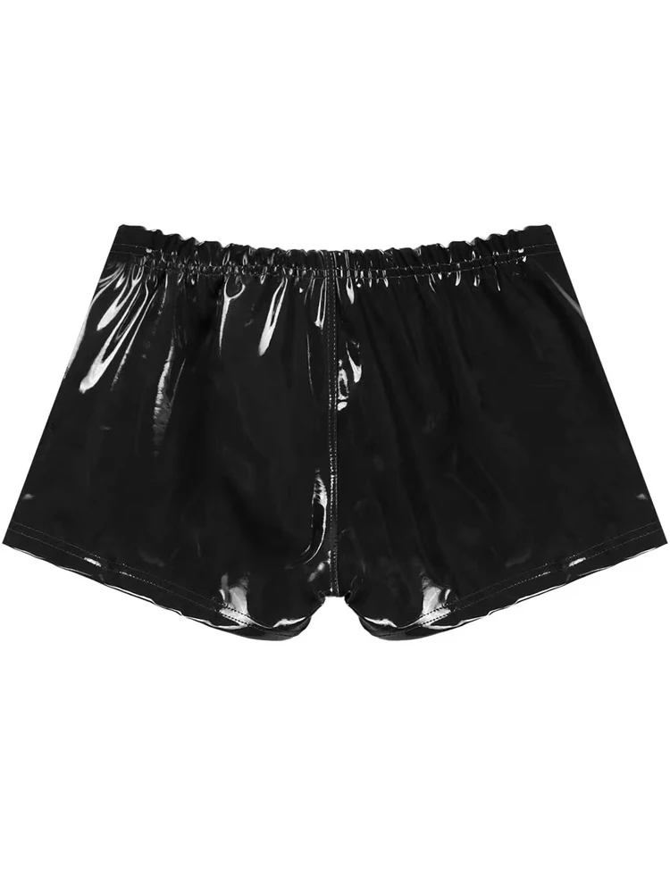 S-5XL Wet Look PVC Mens Boxer Briefs Shiny PU Leather Shorts Zipper Trunks Tight Hot Sexy Boxershorts Calzoncillos Mini Bermudas