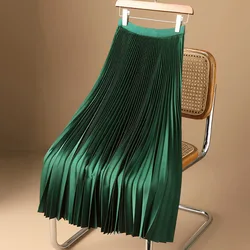 Women luxury solid color high satin pleated Fashion skirt large size green High Waist Pleated Maxi Skirt Female