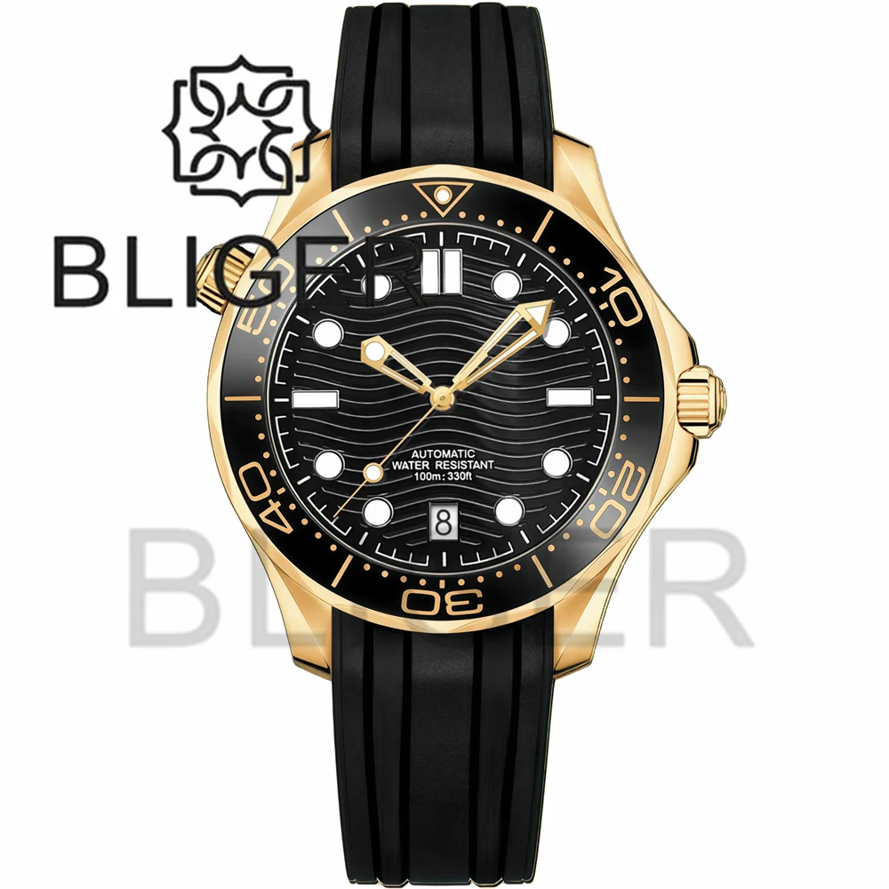 BLIGER Full Gold/two-tone Gold Men's 41mm Diving NH35A Mechanical Watch With 6 O'clock Date Rubber Strap Sapphire Glass Rejol