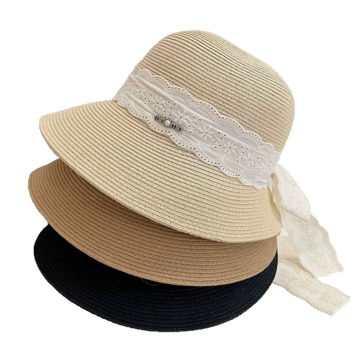 

Summer large brim straw hat, lace butterfly bow sun protection hat, adult women's outdoor sun hat.