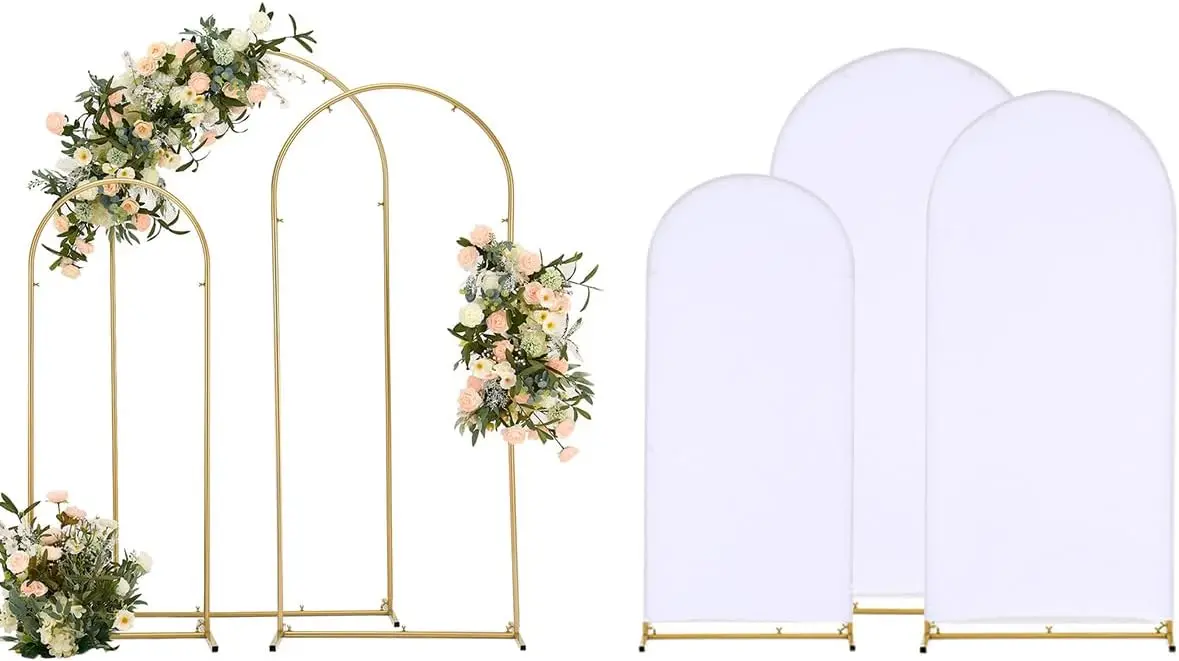

Wedding Arch Backdrop Stand and Cover,3 Gold Metal Arch Stands with 3 White Spandex Arch Covers for Party, Room Decorations
